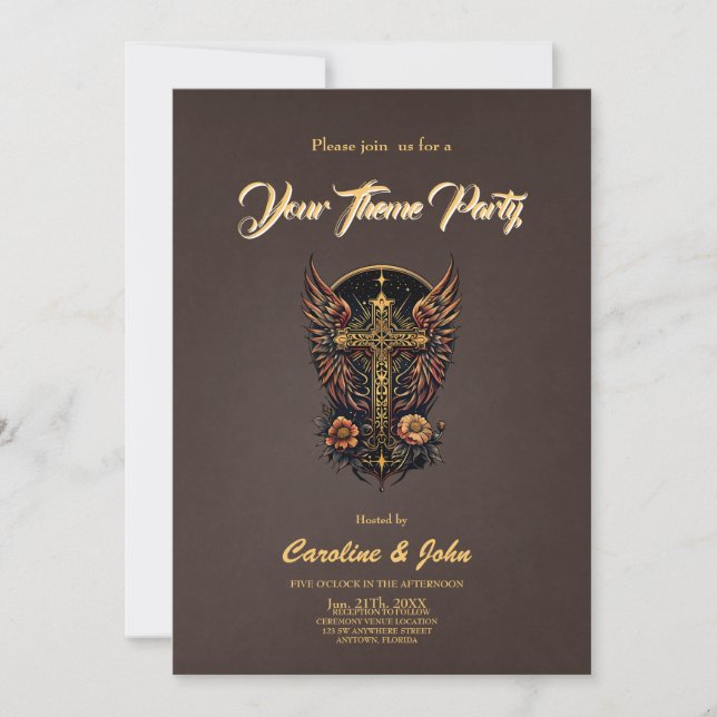 Invitation Un symbole de force : La croix ornée avec des aile (Devant)