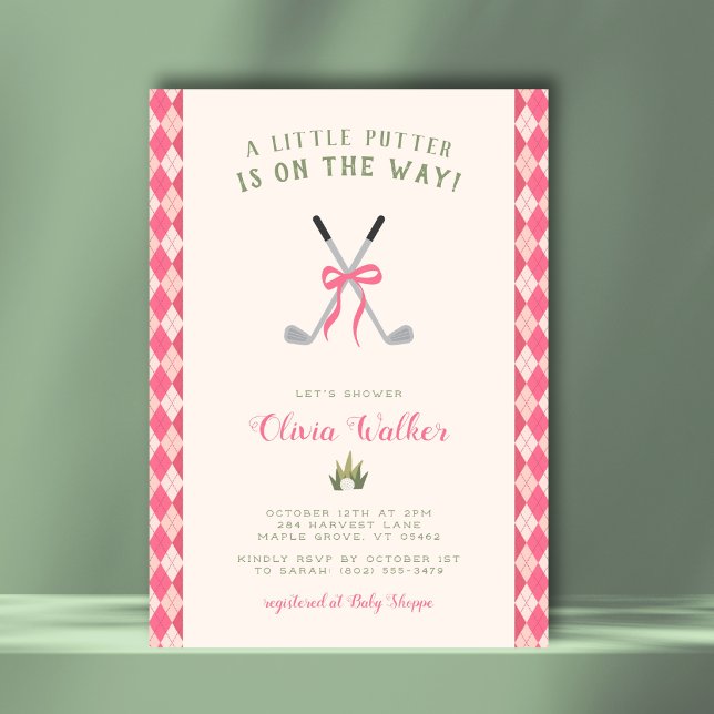 Invitation Un thème de golf Little Putter pré-ado rose argyle (Sweet golf theme with a girly twist. Preppy argyle back for extra charm.)