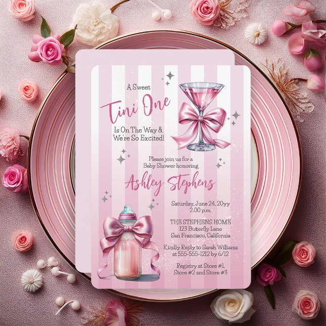 Invitation Un Tini sucré Un Coquette Rose Baby shower fille ("A Sweet Tini One Is On the Way . . ." Coquette Bows Martini | Bottle Girl Baby Shower Invitation)