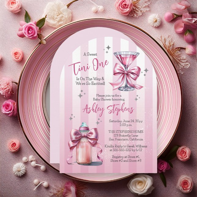 Invitation Un Tini sucré Un Coquette Rose Baby shower fille ("A Sweet Tini One Is On the Way . . ." Coquette Bows, Martini | Baby Bottle Girl Baby Shower Invite)