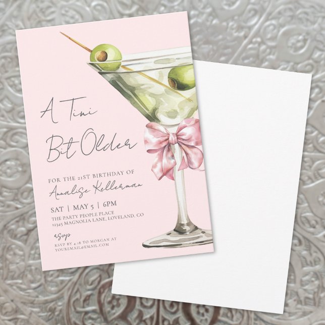 Invitation Un Tini Un Peu Plus Ancien Martini Bow Rose Annive (A Tini Bit Older Pink Bow Martini Birthday Party Invitation)