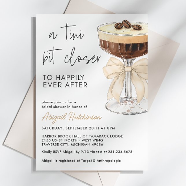 Invitation Un Tini Un Peu Plus Près Bow Espresso Martini Mari (A Tini Bit Closer Bow Espresso Martini Bridal Invitation)