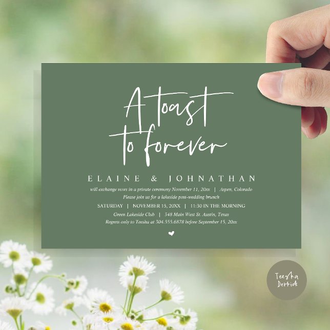 Invitation Un toast à l'éternité, Mariage Elopement Brunch Pa (A Toast To Forever, Wedding Elopement Brunch Party Invitation Card, PDF, in Forest Sage Green)
