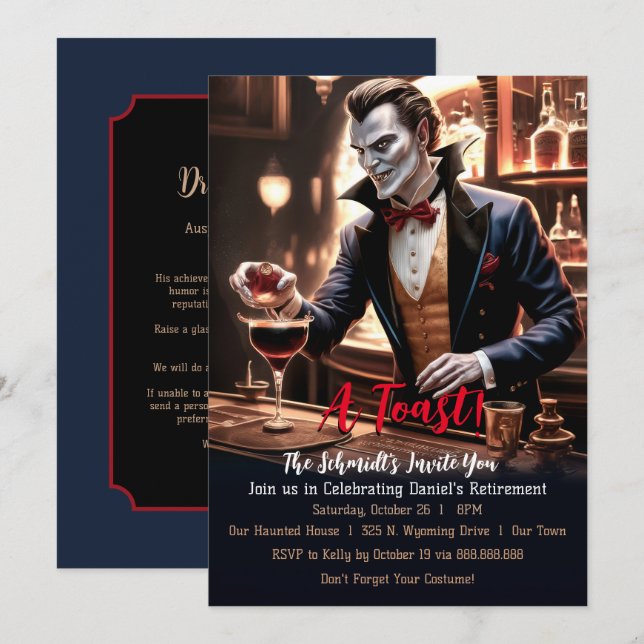 Invitation "Un toast de retraite, thème de soirée vampire hum (Devant / Derrière)