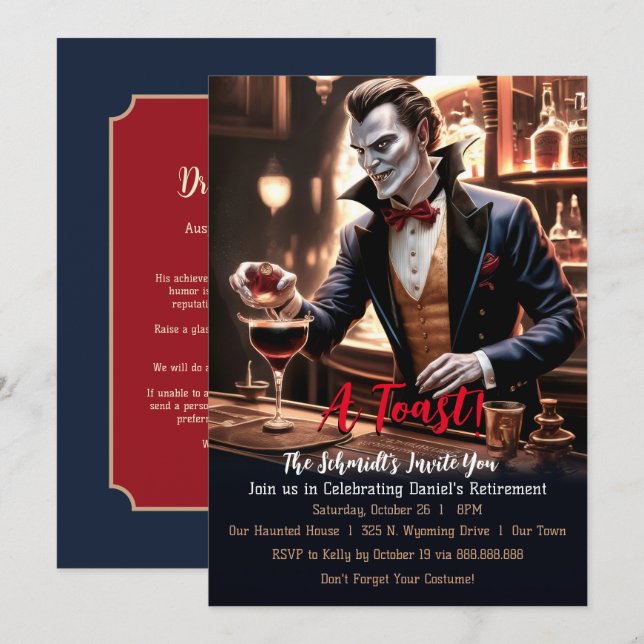 Invitation "Un toast de retraite, thème de soirée vampire hum (Devant / Derrière)