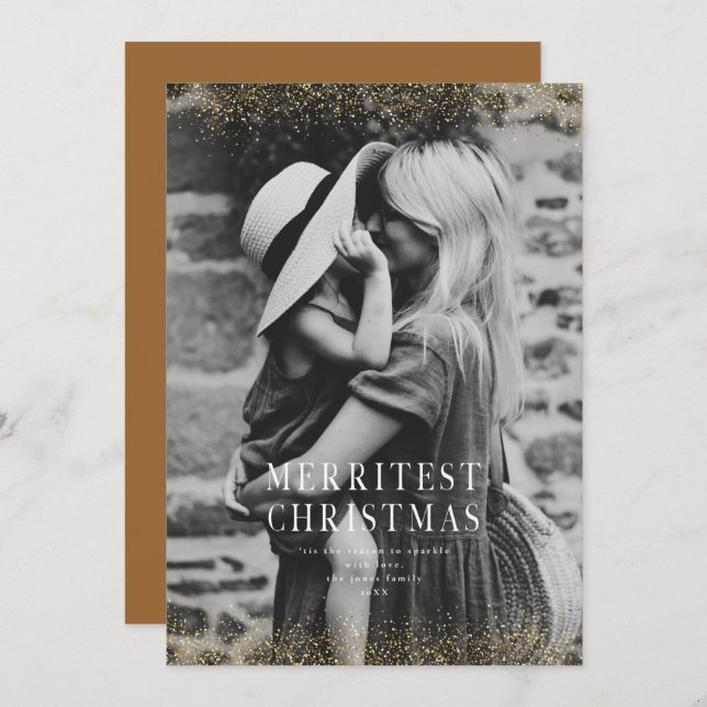 Invitation Un très brillant joyeux Noël paillettes or Photo  (Devant / Derrière)