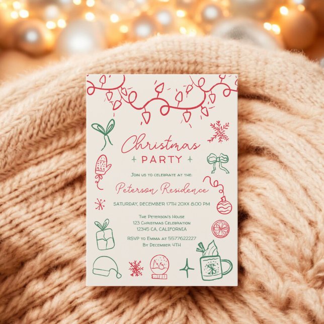 Invitation Un vert rouge irrégulier illustration moderne Noël (Quirky red green illustration modern Christmas Invitation)