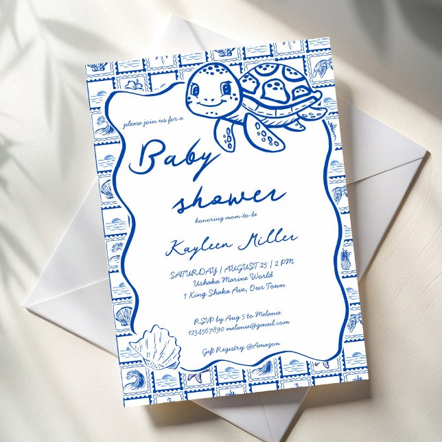 Invitation Under the sea cute turtle blue baby shower (Under the sea cute turtle blue post stamps wavy border baby shower invitation cards template)
