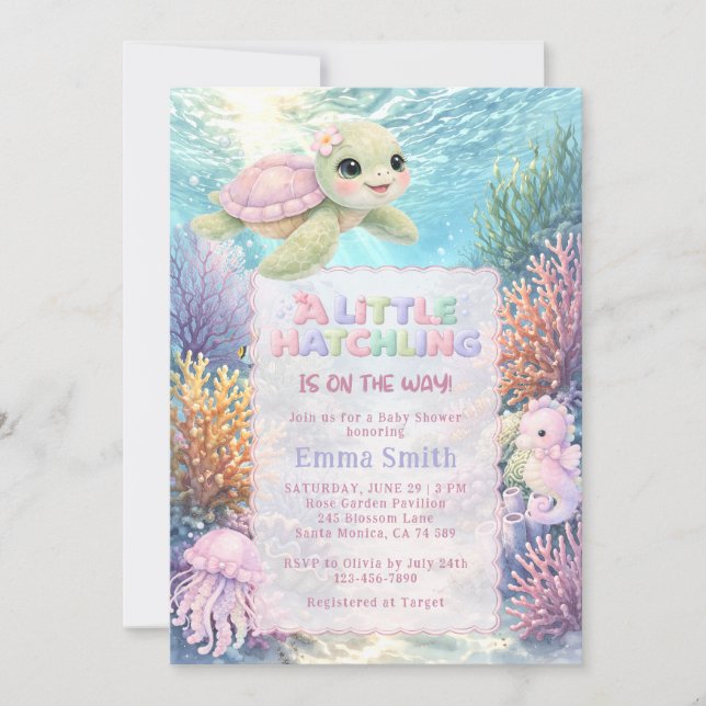 Invitation Under the Sea Cute Turtle Girl Baby Shower (Devant)