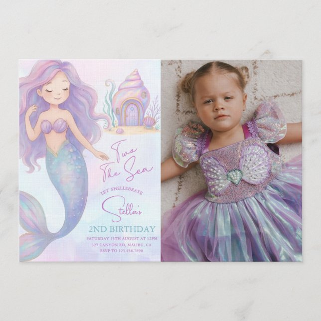 Invitation Under the Sea Mermaid Purple 2nd Birthday Photo (Devant)