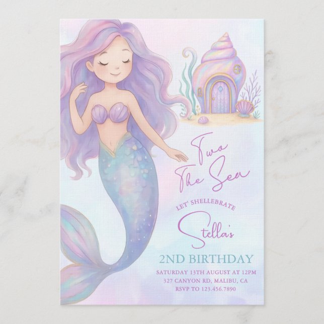 Invitation Under the Sea Mermaid Sea Purple Girl 2nd Birthday (Devant)