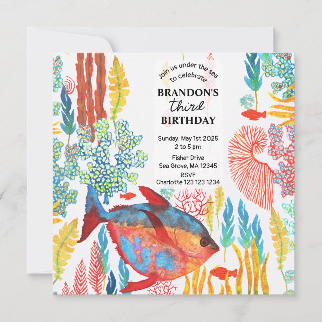 Invitation Under The Sea Ocean Animal watercolor Birthday  (Devant)