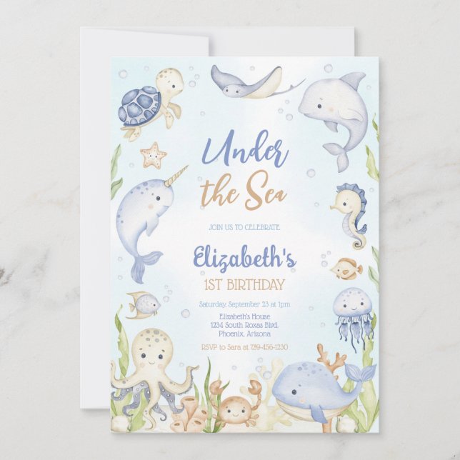 Invitation Under the Sea Ocean Animals Theme Birthday  (Devant)