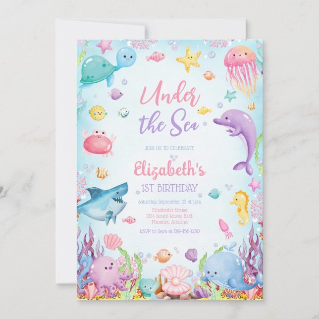 Invitation Under the Sea Ocean Animals Theme Birthday  (Devant)