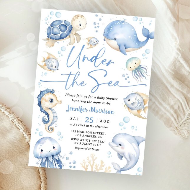 Invitation Under The Sea Ocean Baby Shower Boy Dusty Blue (Créateur téléchargé)