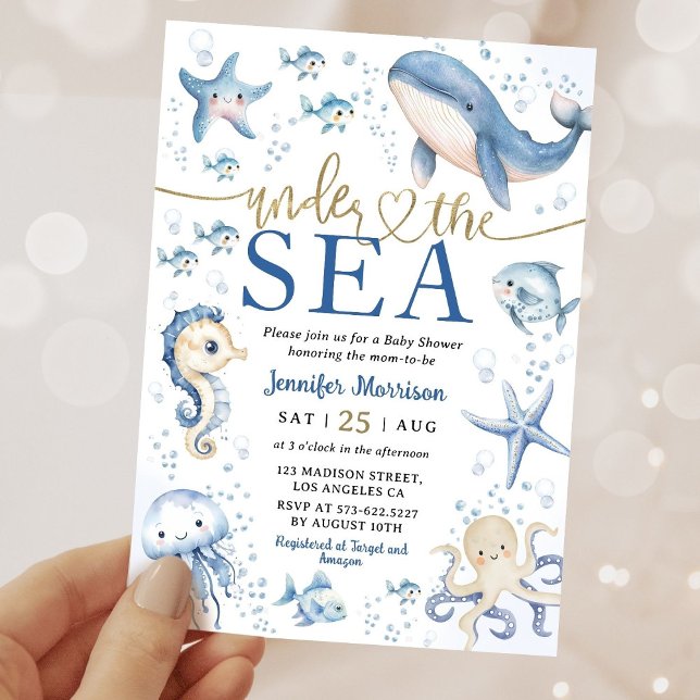 Invitation Under The Sea Ocean Baby Shower Boy Navy Blue Gold (Créateur téléchargé)