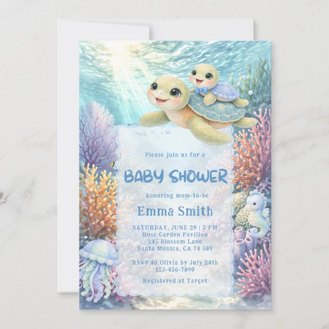 Invitation Under the Sea Turtle Mom & Baby Boy Baby Shower (Devant)