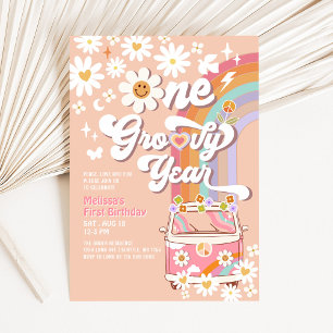 Invitation Une année fantastique rose Daisy Rainbow 1er anniv