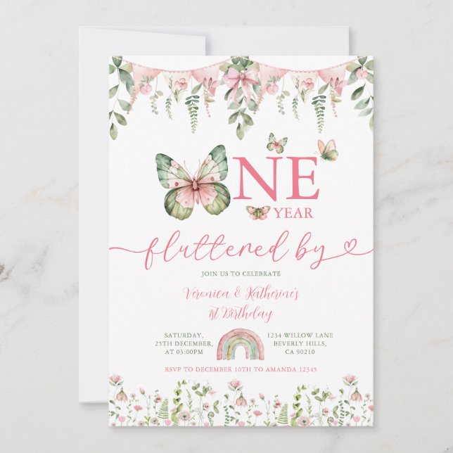 Invitation Une année papillon vole Premier Anniversaire Flora (Devant)