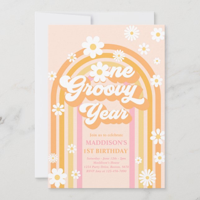 Invitation Une année Super Boho Daisy Rainbow 1er anniversair (Devant)