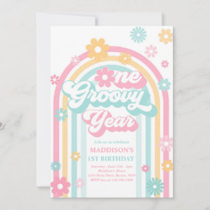 Invitation Une année Super Boho Daisy Rainbow 1er anniversair