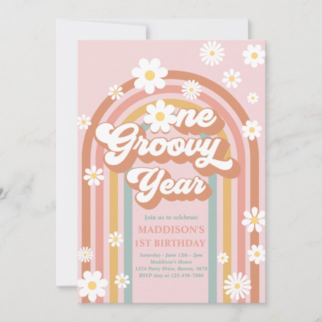 Invitation Une année Super Boho Daisy Rainbow 1er anniversair (Devant)