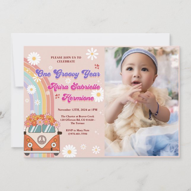 Invitation Une année Super Retro Rainbow 1er Anniversaire Pho (Devant)