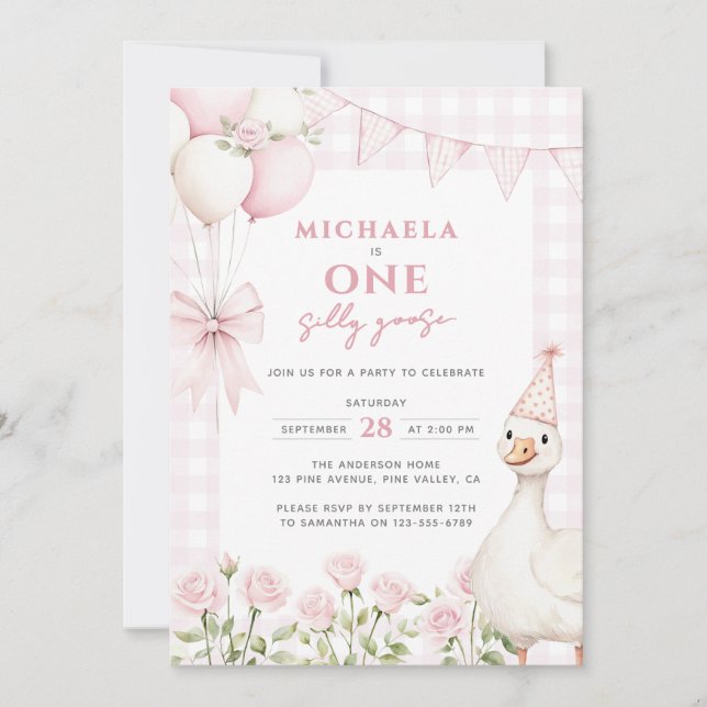 Invitation Une Aquarelle d'oie soie rose premier anniversaire (Devant)