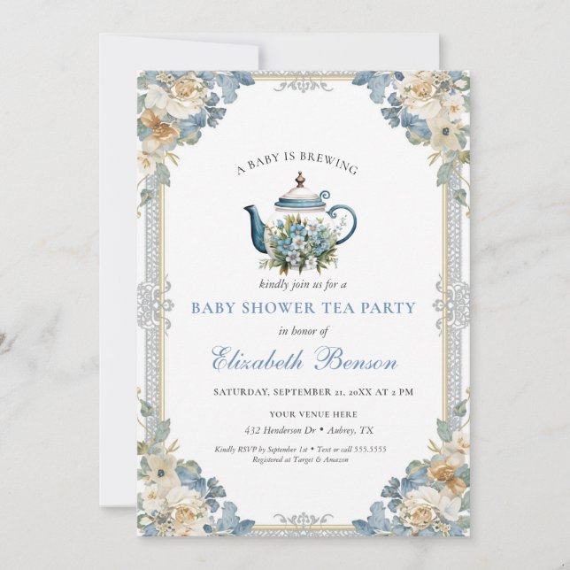 Invitation Une Baby Est En Train De Brasser Fleur Bleue Douch (Devant)