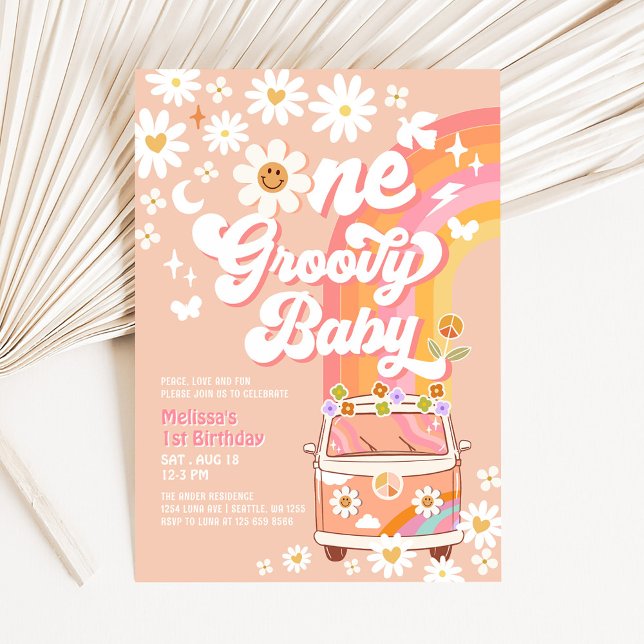 Invitation UNE Baby Hippie Van Daisy Groovy 1er Anniversaire (Créateur téléchargé)