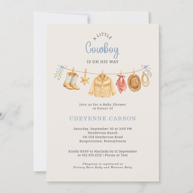 Invitation Une Baby Shower Bébé Cow-Boy Bleu Gingham (Devant)