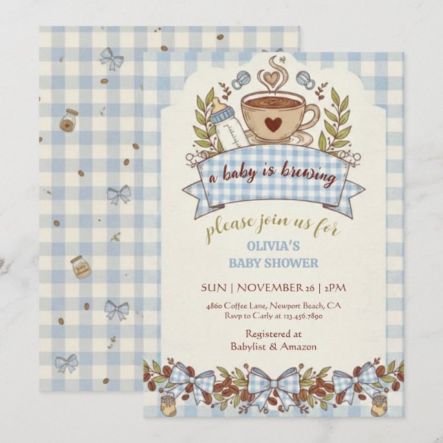 Invitation Une Baby Shower Café Gingham "Un Bébé se Prépare" (Devant / Derrière)