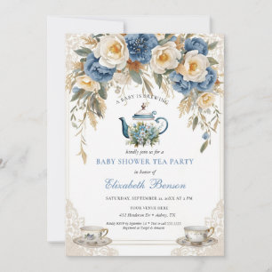 Invitation Une Baby Shower Fleurie Bleue 'Un Bébé Est En Trai