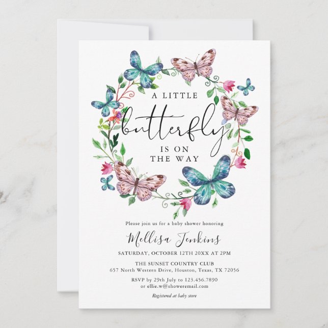 Invitation Une Baby Shower Fleurie Petite Papillon (Devant)