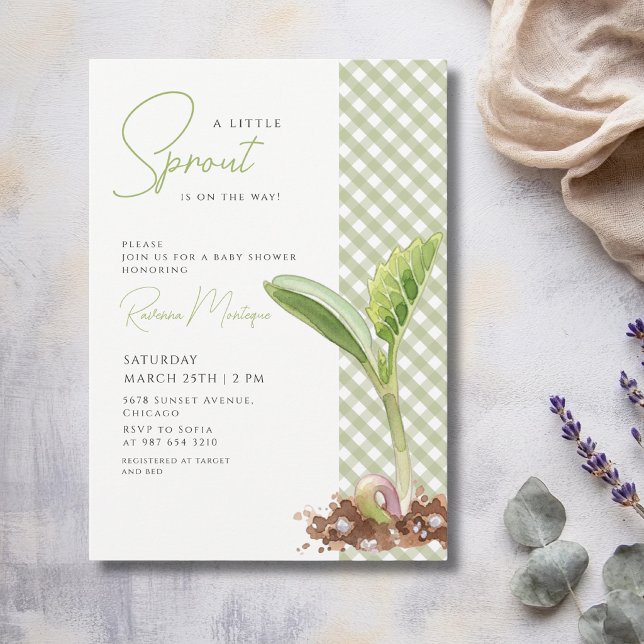 Invitation Une Baby Shower Gingham Vert 'Un Petit Germe' (Créateur téléchargé)