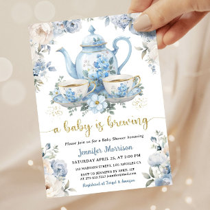 Invitation Une Baby Shower pour Bébé Fait du Thé Fleur Bleue
