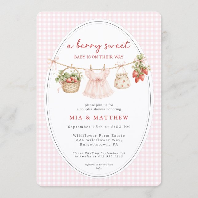 Invitation Une Baby Shower pour un Bébé Fraise Douce Couple  (Devant)
