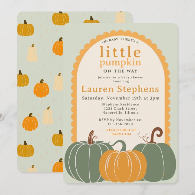 Invitation Une Baby Shower pour un Petit Citrouille  (Devant / Derrière)