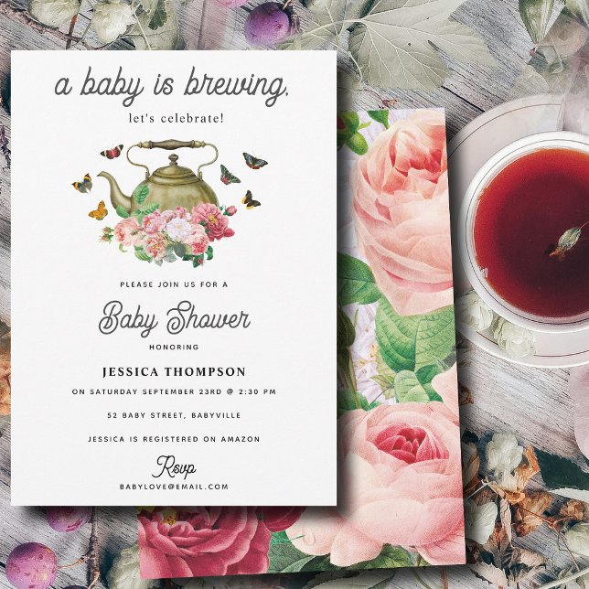 Invitation Une Baby Shower sur le thème de la préparation de  (A Baby is Brewing Tea Party Baby Shower Invitation)