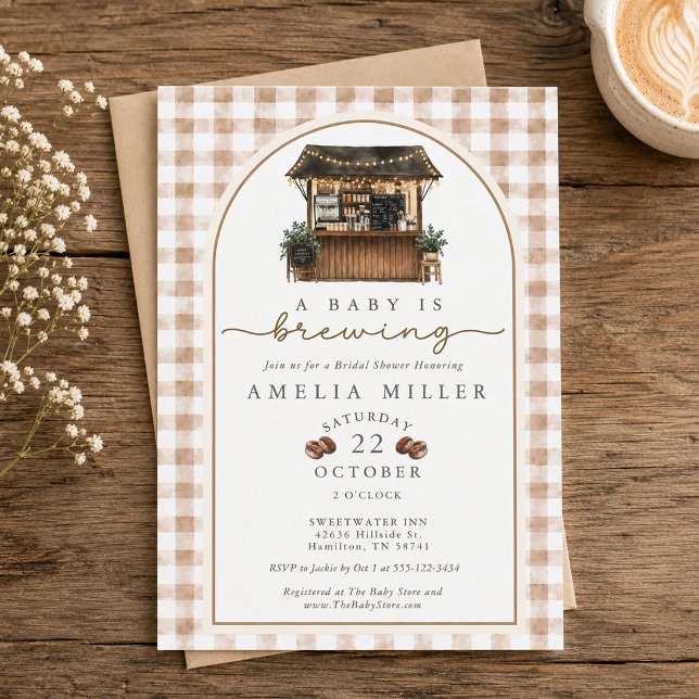 Invitation Une Baby Shower « Un Bébé se Prépare » avec Carrea (A Baby is Brewing Brown Gingham Baby Shower Invitation)