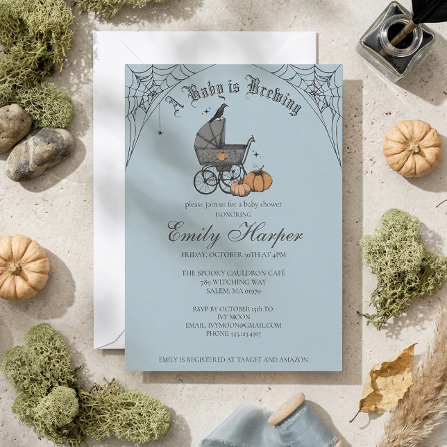 Invitation Une Baby Shower "Un Bébé se Prépare" Garçon Bébé F (Gothic Halloween Baby Shower Invitation in French Blue. Vintage Baby Carriage, Pumpkins, Webs, Raven)