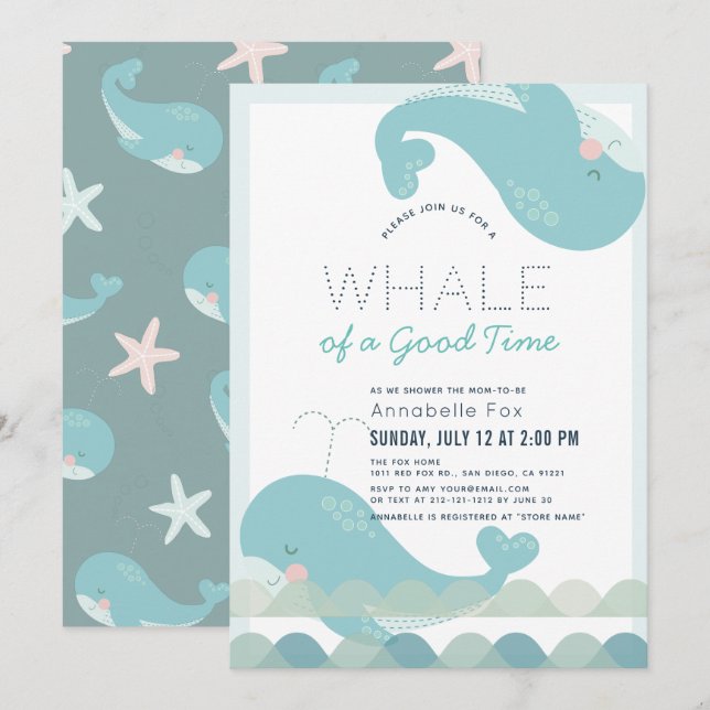 Invitation Une baleine d'un Baby shower de garçon Bleu Bon Te (Devant / Derrière)