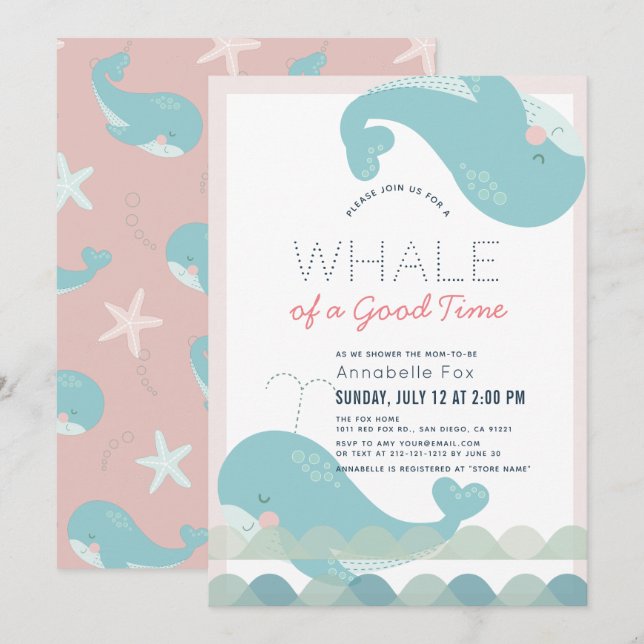 Invitation Une baleine d'un bon temps Baby shower fille rose (Devant / Derrière)