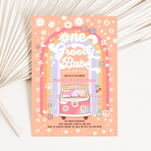 Invitation UNE Bébé Groovy Daisy Van Groovy 1er Anniversaire (Créateur téléchargé)