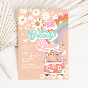 Invitation UNE Bébé Groovy Rose Fleur 1er Anniversaire