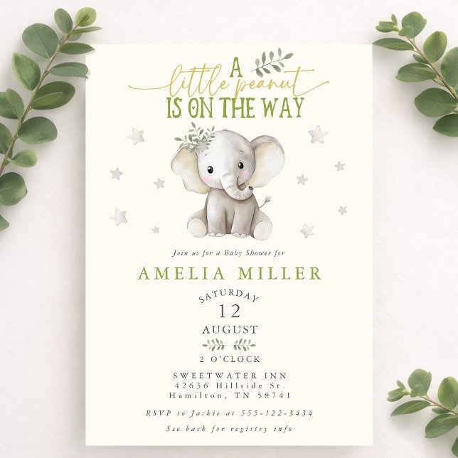 Invitation Une cacahuète en route Éléphant Fête de bébé de ge (A Peanut on the Way Elephant Gender Neutral Shower Invitation)