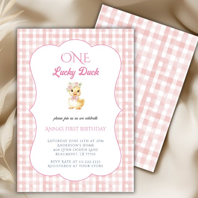 Invitation Une Canard Chanceux 1ère Fille Gingham Rose Annive (Créateur téléchargé)