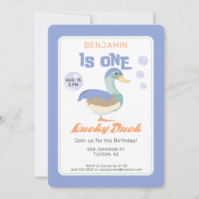 Invitation Une Canard Chanceux &  Premier Anniversaire Pastel (Devant)