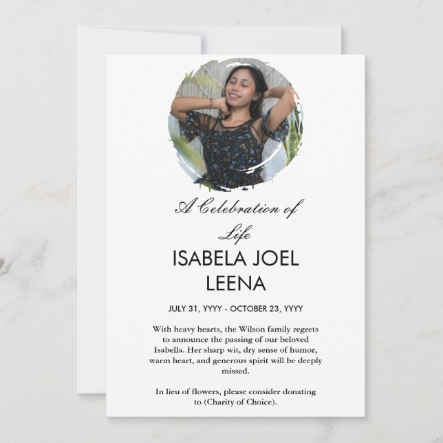 Invitation Une célébration de la vie grande photo et citation (Devant)