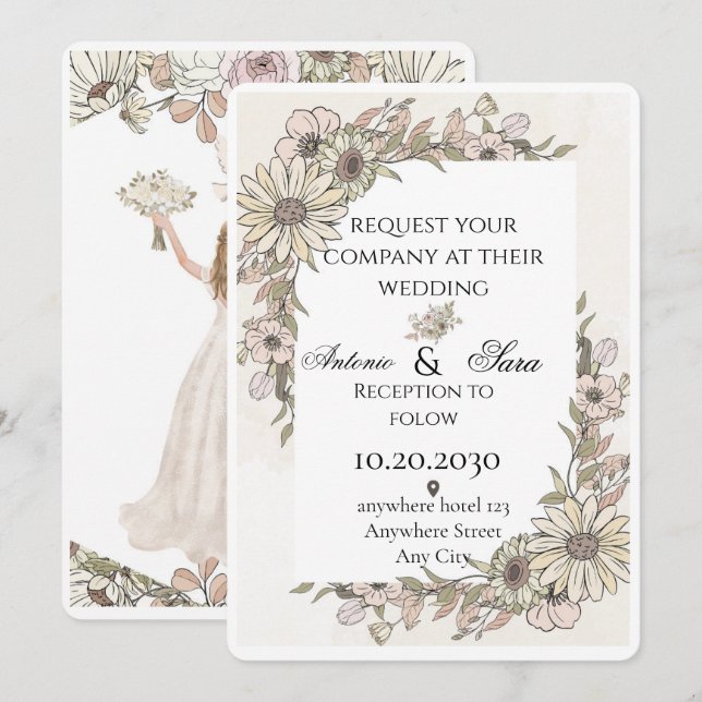 Invitation Une cérémonie de mariage élégante ornée de fleurs. (Devant / Derrière)